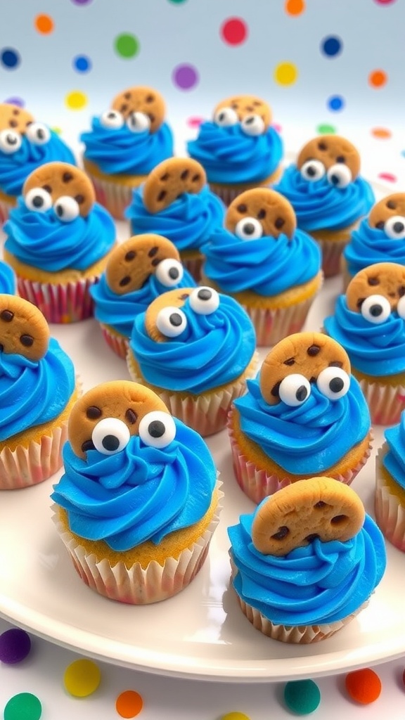 Delicious Cookie Monster cupcakes with blue frosting and cookie toppings, displayed on a platter.